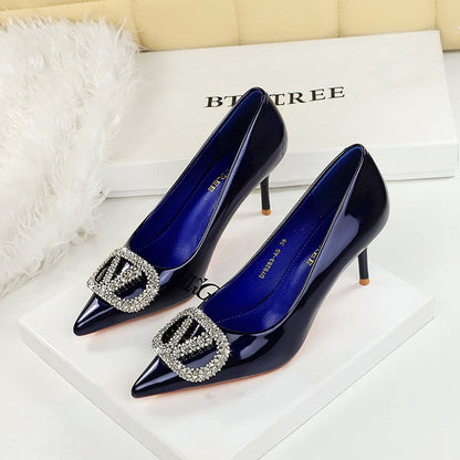 Sexy Party Super High Heel Women Shoes Dignified Rhinestone V Buckle Pointed Toe Shallow Mouth Stiletto Heel Pumps  DestGlow
