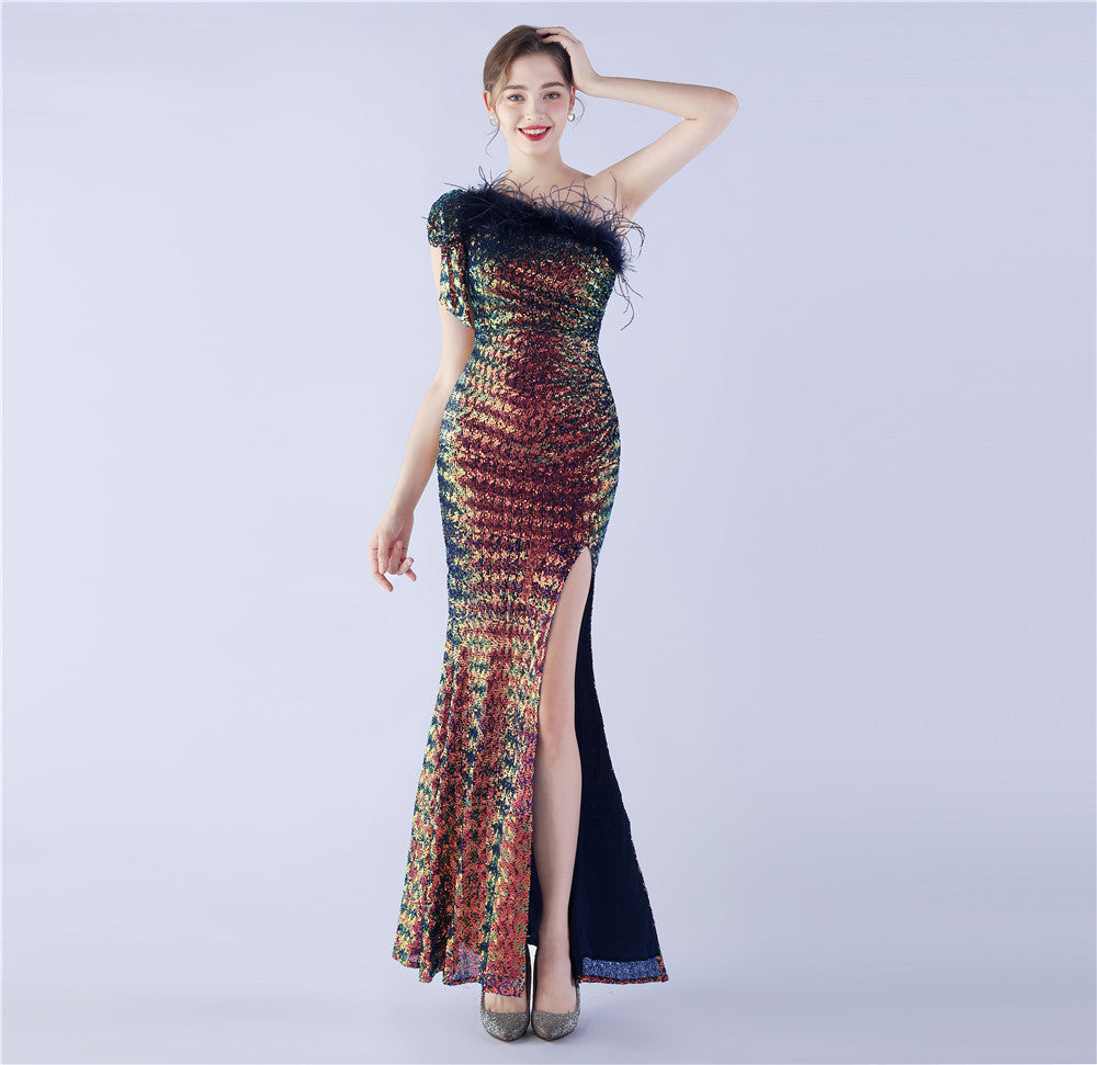 Craft Floral plus Ostrich Feather High End Sequined One Shoulder Evening Dress by Ragazza