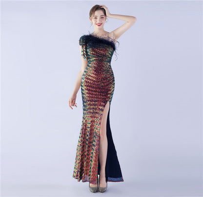 Craft Floral plus Ostrich Feather High End Sequined One Shoulder Evening Dress by Ragazza