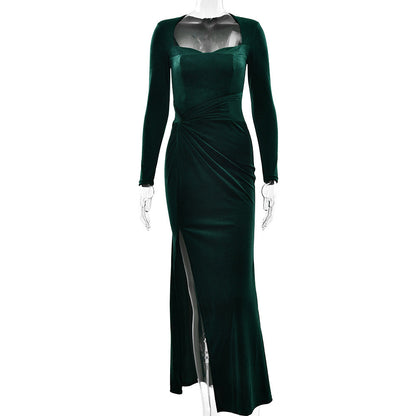 Women Clothing Sexy Slit Square Collar Dress Fashionable Elegant Velvet Pleated Dress by Ragazza