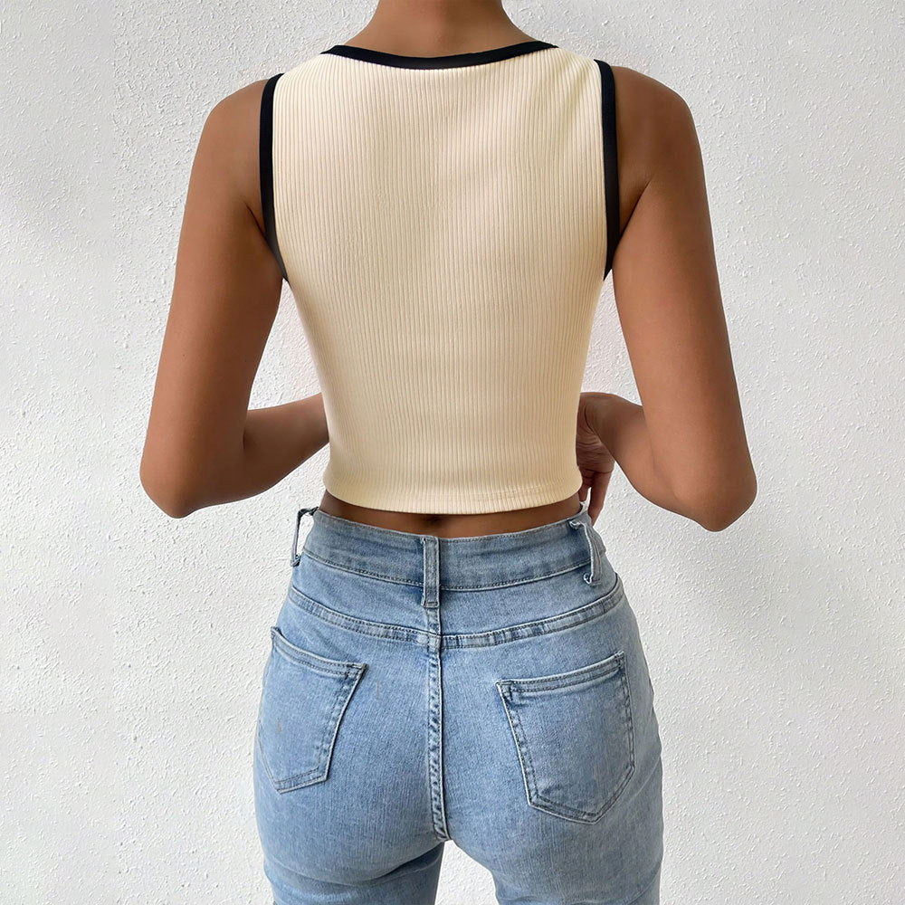 Knitted Inner Match Design Color Matching Slim Sports Bottoming Top Summer Sleeveless Vest by Ragazza