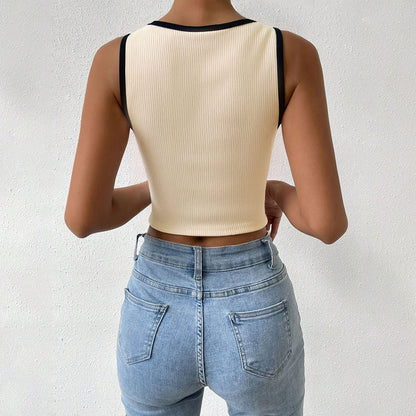 Knitted Inner Match Design Color Matching Slim Sports Bottoming Top Summer Sleeveless Vest by Ragazza