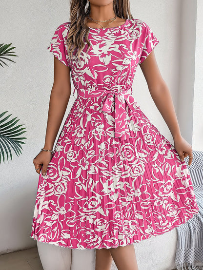 Spring Summer Elegant Floral Short Sleeve Large Hem Pleated Dress Women Clothing by Ragazza