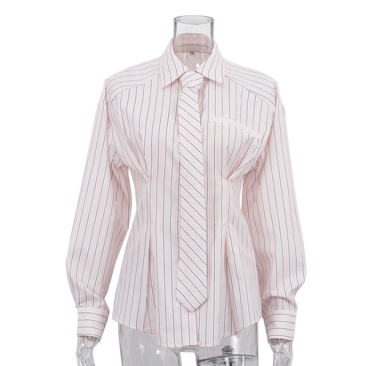 Office Printed Striped Shirt Women Polo Collar Long Sleeve Tie Cinched Blouse by Ragazza