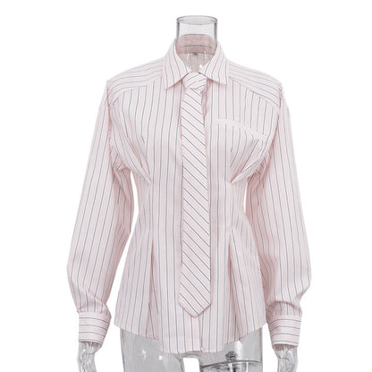 Office Printed Striped Shirt Women Polo Collar Long Sleeve Tie Cinched Blouse by Ragazza