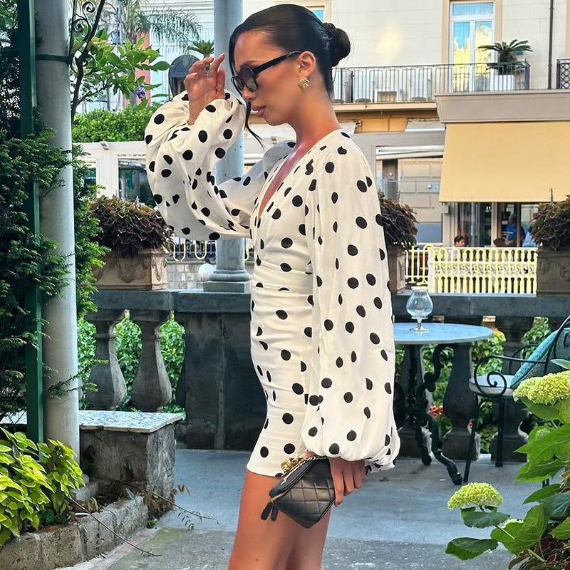 Polka Dot Printed Sexy Deep V Plunge neck Slim Fit Bell Sleeve Sheath Dress for Women by Ragazza