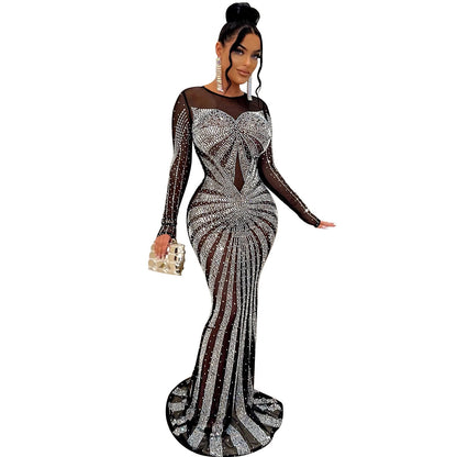 Women Solid Color Mesh See Through Rhinestone Long Sleeve Dress by Ragazza