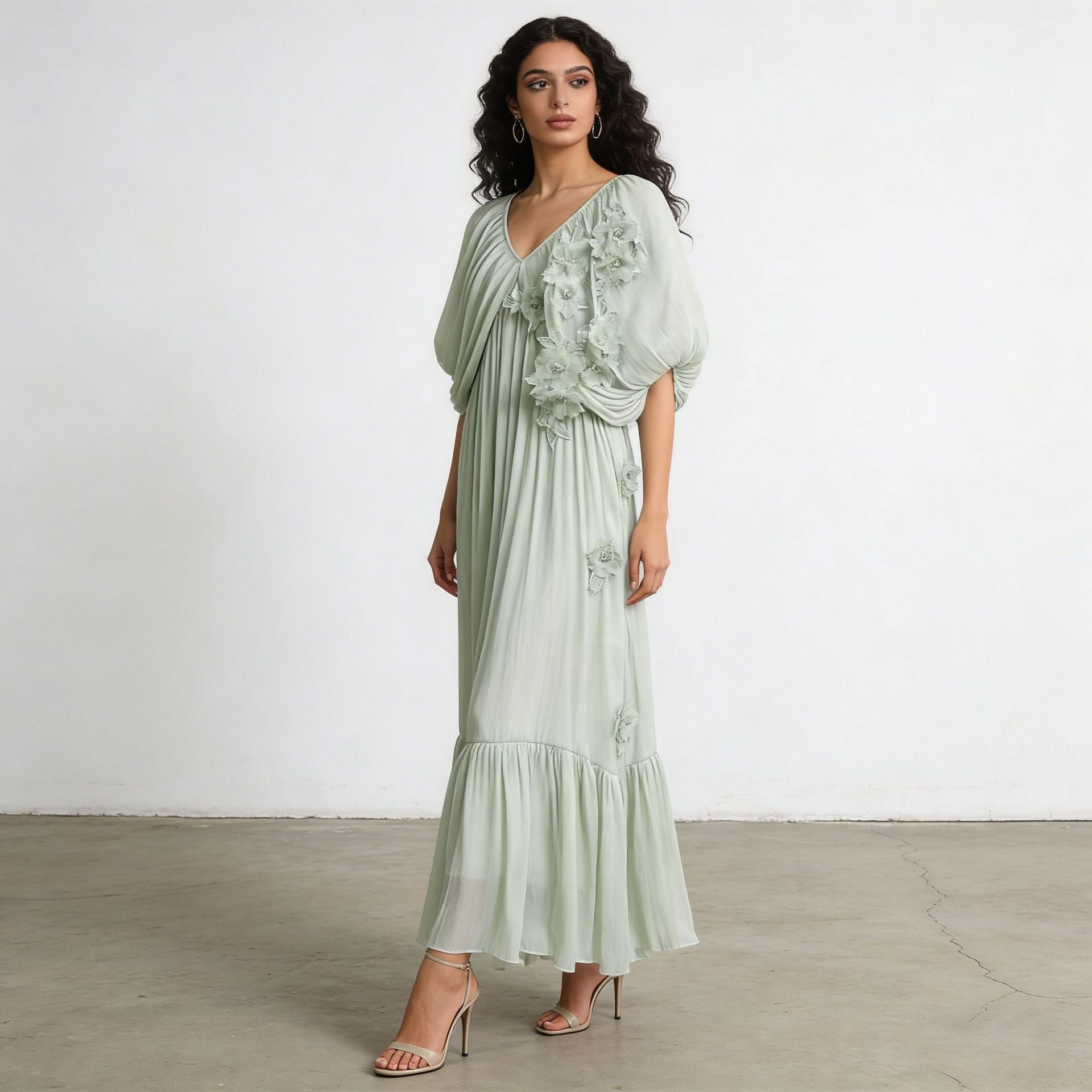 Romantic Vacation Maxi Dress Spring V neck Drop Shoulder Batwing Sleeve Stitching Three Dimensional Floral Dress  DestGlow