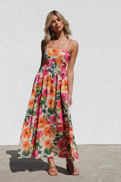 Dress Printed Slim Strap Dress Vacation A Swing Dress for Women by Ragazza