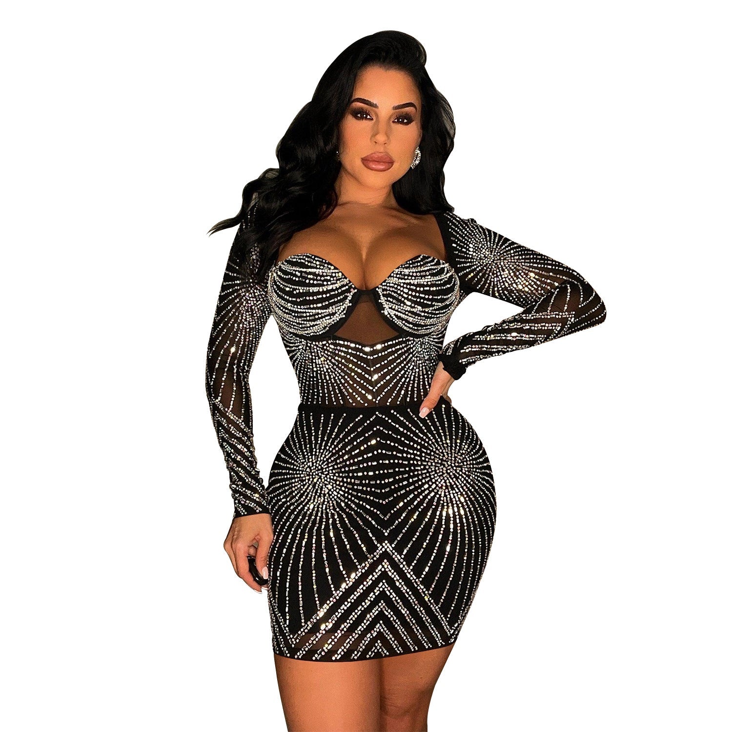 Women Wear Solid Color Mesh Rhinestone Long Sleeve Short Dress by Ragazza