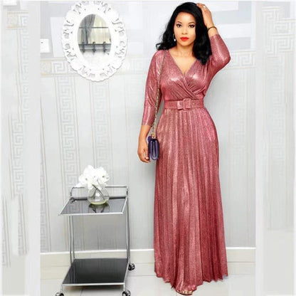 Winter African Women Wear Long Sleeve Bronzing Pleated Swing Dress with Belt Glittering Powder Fabric by Ragazza