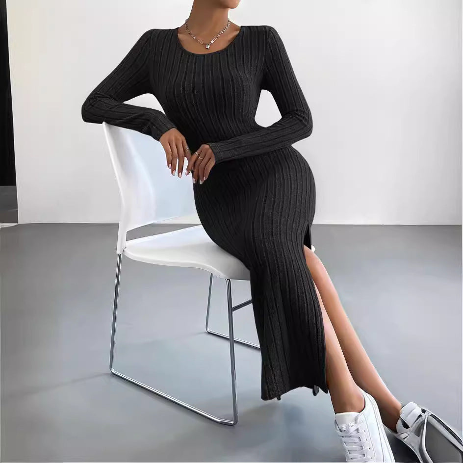 Autumn Winter Long Sleeve Crew Neck Split Knitted Maxi Dress Women by Ragazza