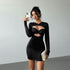 Autumn Winter Sexy Hollow Out Cutout Long Sleeved Slim Fit Sheath Solid Color Party Dress by Ragazza