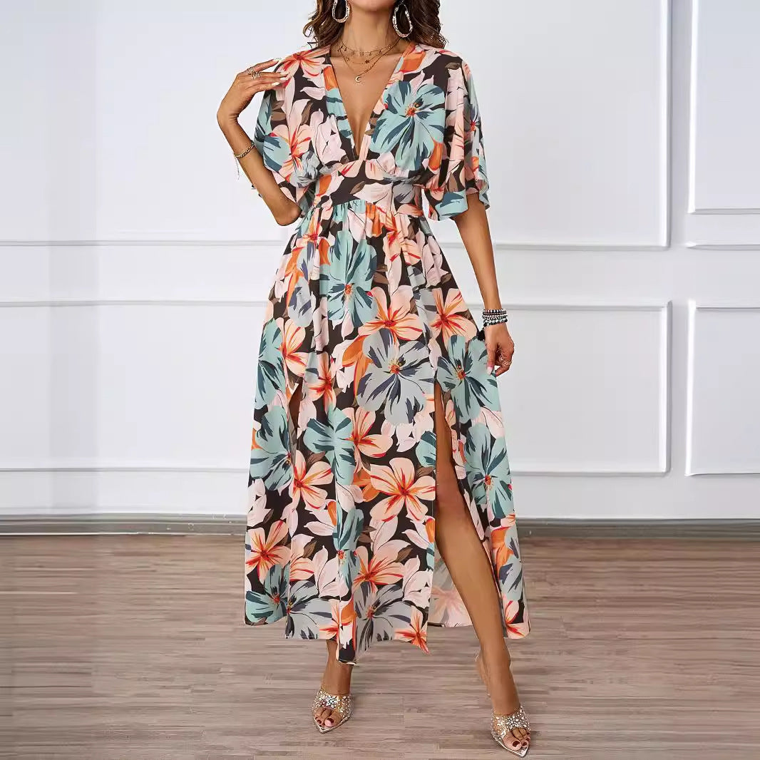 Summer Floral Print Maxi Dress Elastic Band Waist Tight Big V neck Short Sleeve Dress for Women by Ragazza