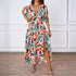 Summer Floral Print Maxi Dress Elastic Band Waist Tight Big V neck Short Sleeve Dress for Women by Ragazza