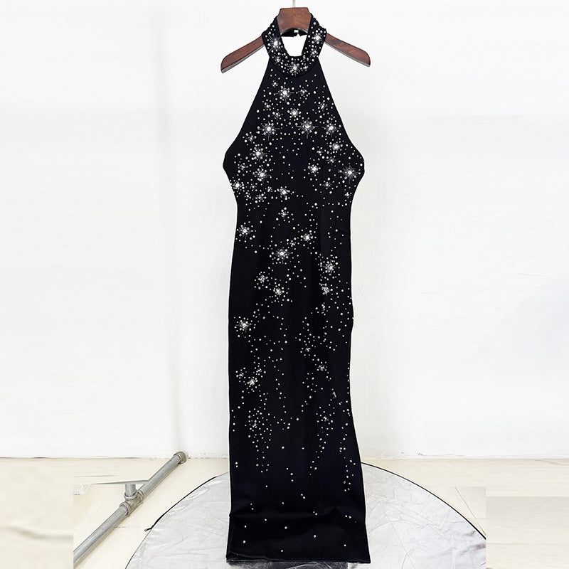 Heavy Industry Three Dimensional Beads Rhinestones Stretch Halter Maxi Dress Maxi Dress by Ragazza