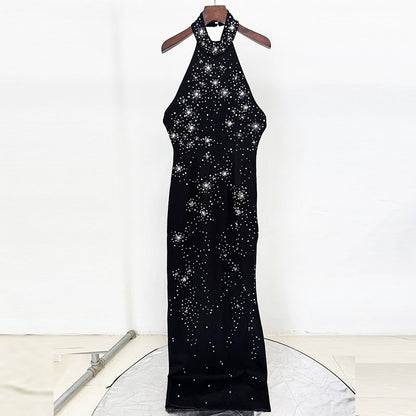 Heavy Industry Three Dimensional Beads Rhinestones Stretch Halter Maxi Dress Maxi Dress by Ragazza