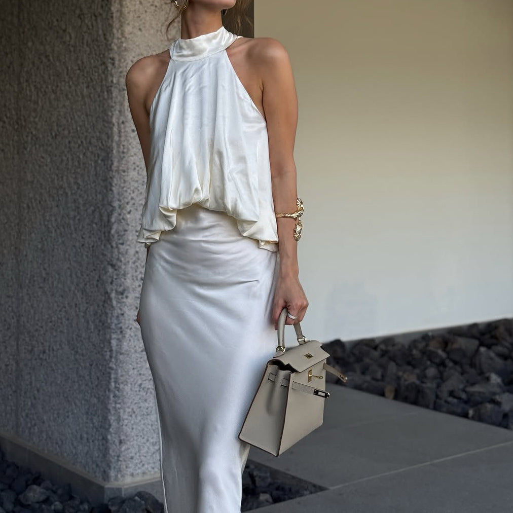 Satin Light Luxury Design Apricot Halter Lace up Backless Slim Fit Sleeveless Women Summer Dress  DestGlow