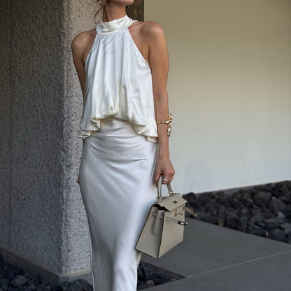 Satin Light Luxury Design Apricot Halter Lace up Backless Slim Fit Sleeveless Women Summer Dress  DestGlow
