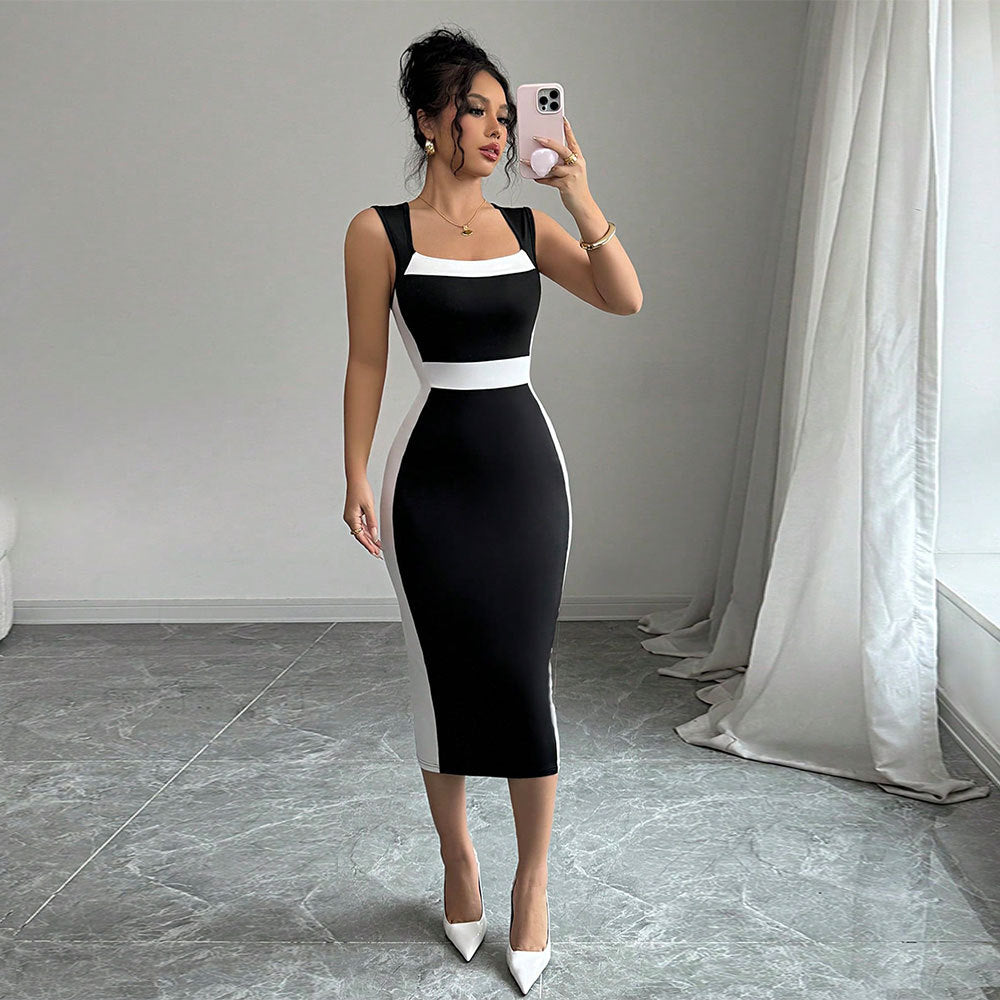 Summer Women Clothing Adult Lady Like Woman Intellectual Maxi Dress Square Neck Strap Contrasting Color Dress  DestGlow