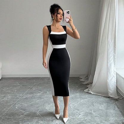 Summer Women Clothing Adult Lady Like Woman Intellectual Maxi Dress Square Neck Strap Contrasting Color Dress  DestGlow