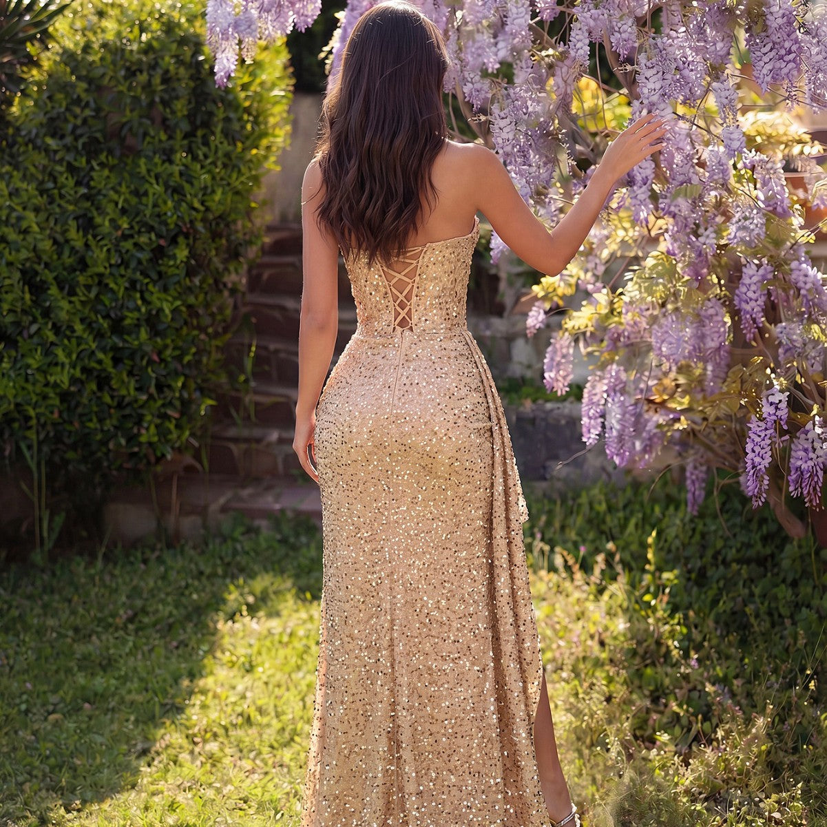 Tube Top Champagne Gold Sequined Elegant Evening Dress High Waist Slit Trailing Cocktail Host Fishtail Dress  DestGlow