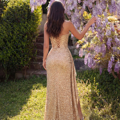 Tube Top Champagne Gold Sequined Elegant Evening Dress High Waist Slit Trailing Cocktail Host Fishtail Dress  DestGlow
