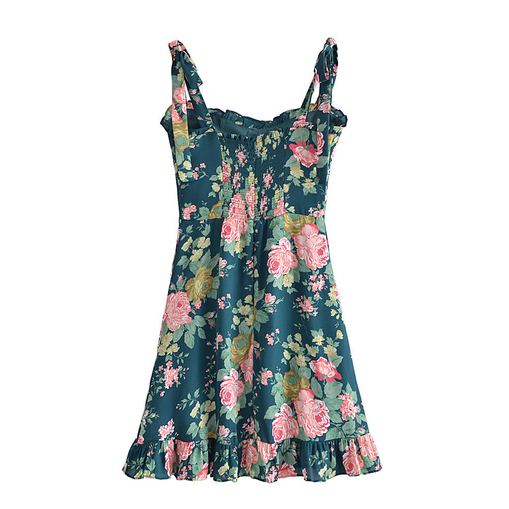 Summer French Vintage Little Fresh Floral Print Slim Fit Stringy Selvedge Lace up Dress Short Tie Strap by Ragazza