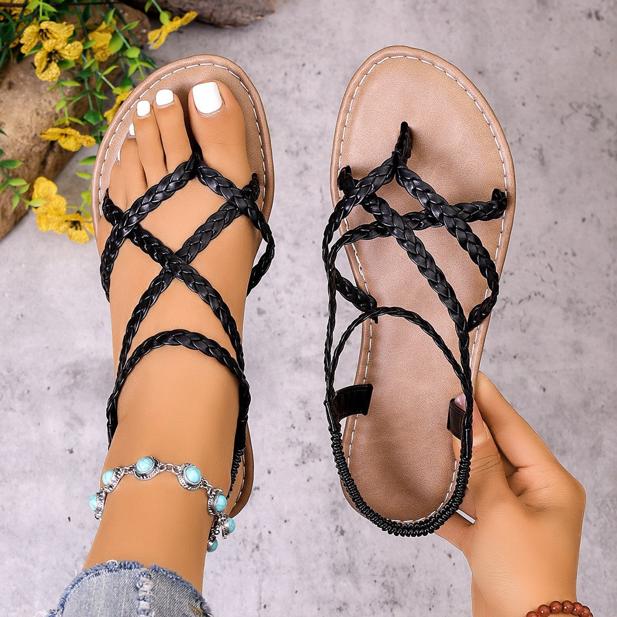 Flip Flops Knitted Belt Flat Sandals Women Summer Elastic Band Beach Slippers  DestGlow