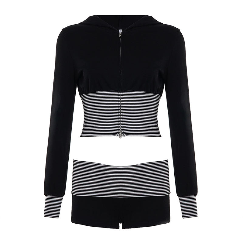 Women Wear Casual Striped Stitching Contrast Color Zipper Hooded Top Shorts Two Piece Set by Ragazza