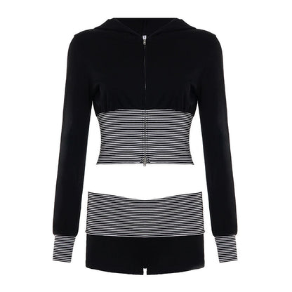 Women Wear Casual Striped Stitching Contrast Color Zipper Hooded Top Shorts Two Piece Set by Ragazza