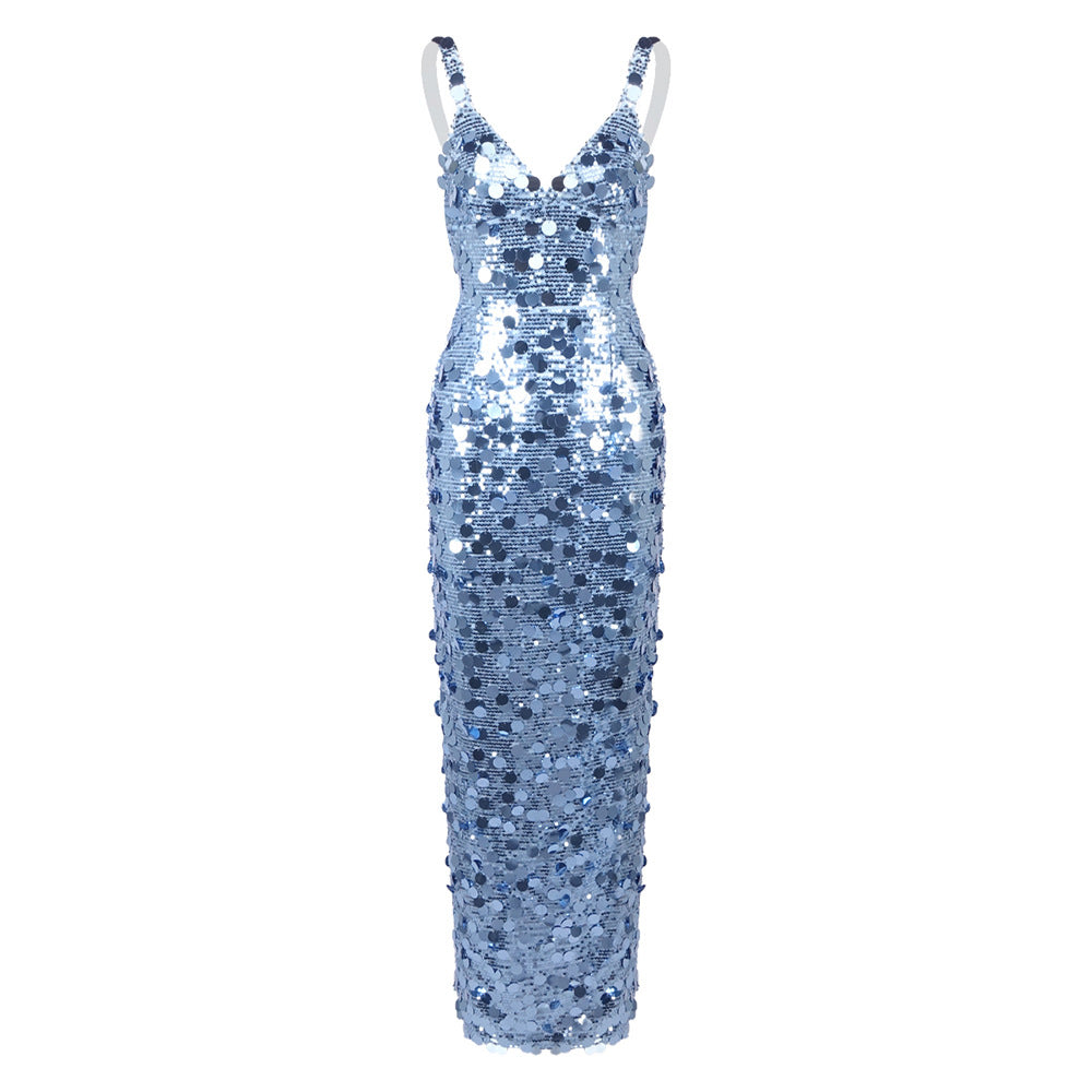 Sequined Blue Sequin V neck Dress with Shoulder Straps Sexy Dress Women Clothing by Ragazza