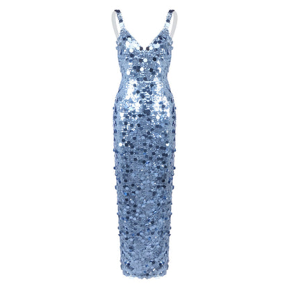Sequined Blue Sequin V neck Dress with Shoulder Straps Sexy Dress Women Clothing by Ragazza