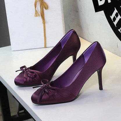 French Elegant Ladies Cocktail round Head Low Cut Bowknot Slip on Satin Stiletto Heels Women  DestGlow