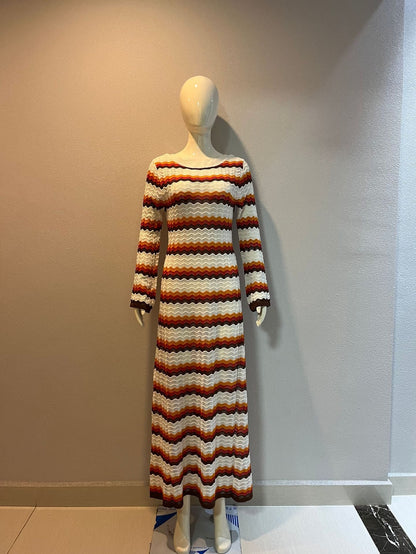 Striped Contrast Color Beach Vacation Sexy Dress Knitted Hollow Out Cutout Maxi Dress Blouse Summer Women by Ragazza