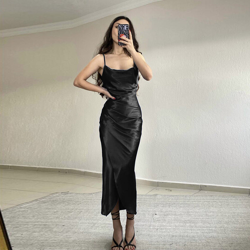 Sexy Sexy Low Cut Satin Split Sling Dress Slim Backless Maxi Dress by Ragazza