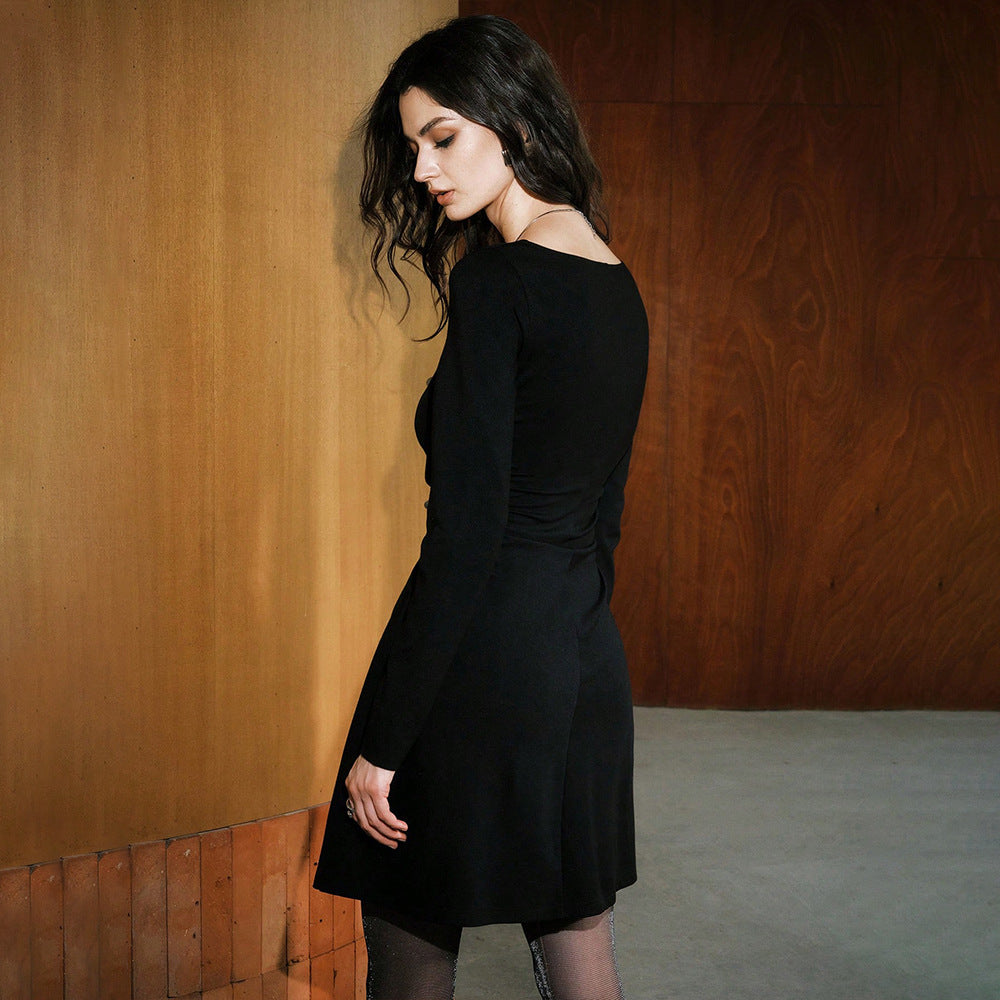 Black Lace Neckline Long Sleeve Waist Dress French Hepburn Slim Slimming by Ragazza