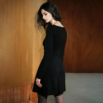 Black Lace Neckline Long Sleeve Waist Dress French Hepburn Slim Slimming by Ragazza