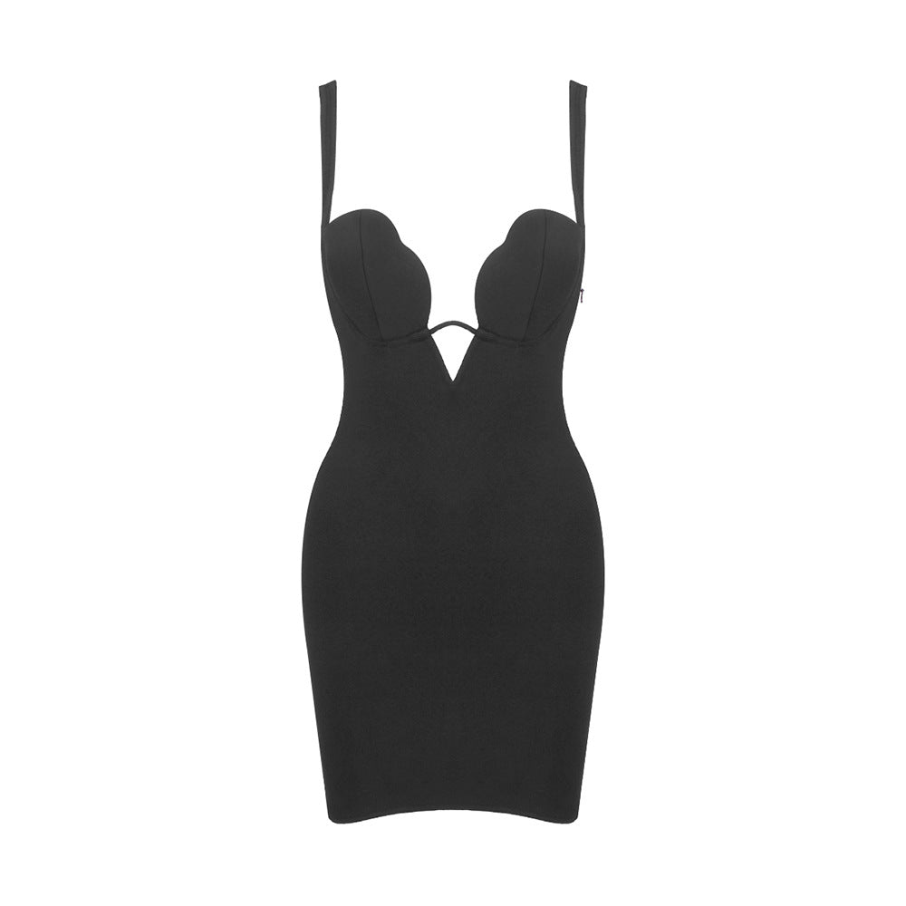 Sexy V neck Strap Zipper Furcal Lower Hem Dress Nightclub Black French Dress by Ragazza