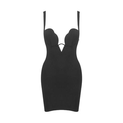 Sexy V neck Strap Zipper Furcal Lower Hem Dress Nightclub Black French Dress by Ragazza