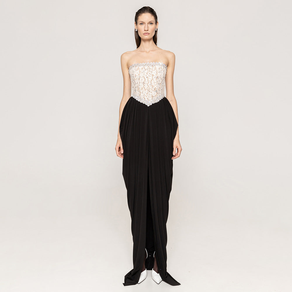 Sexy Women Lace Bead Strapless Dress High Elastic Split Long Dress by Ragazza