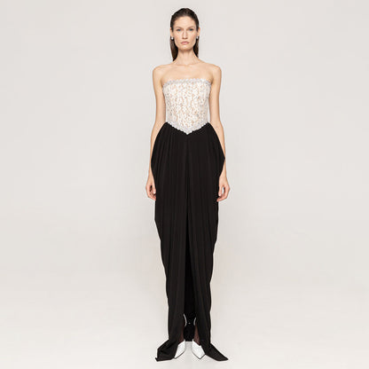 Sexy Women Lace Bead Strapless Dress High Elastic Split Long Dress by Ragazza