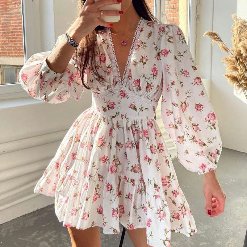 Autumn Winter Women Clothing Street Casual Floral Midi High Waist Slim V neck Dress by Ragazza