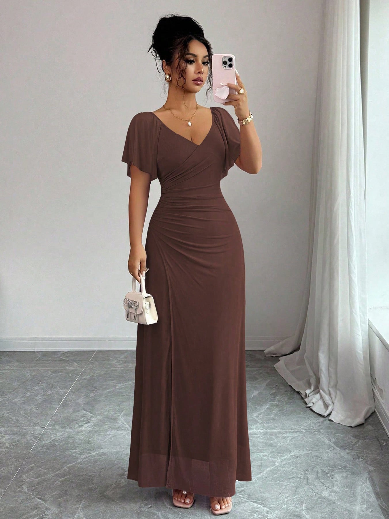 Women Elastic Net V Neck Patchwork Flying Sleeves Slit Evening Dress  DestGlow