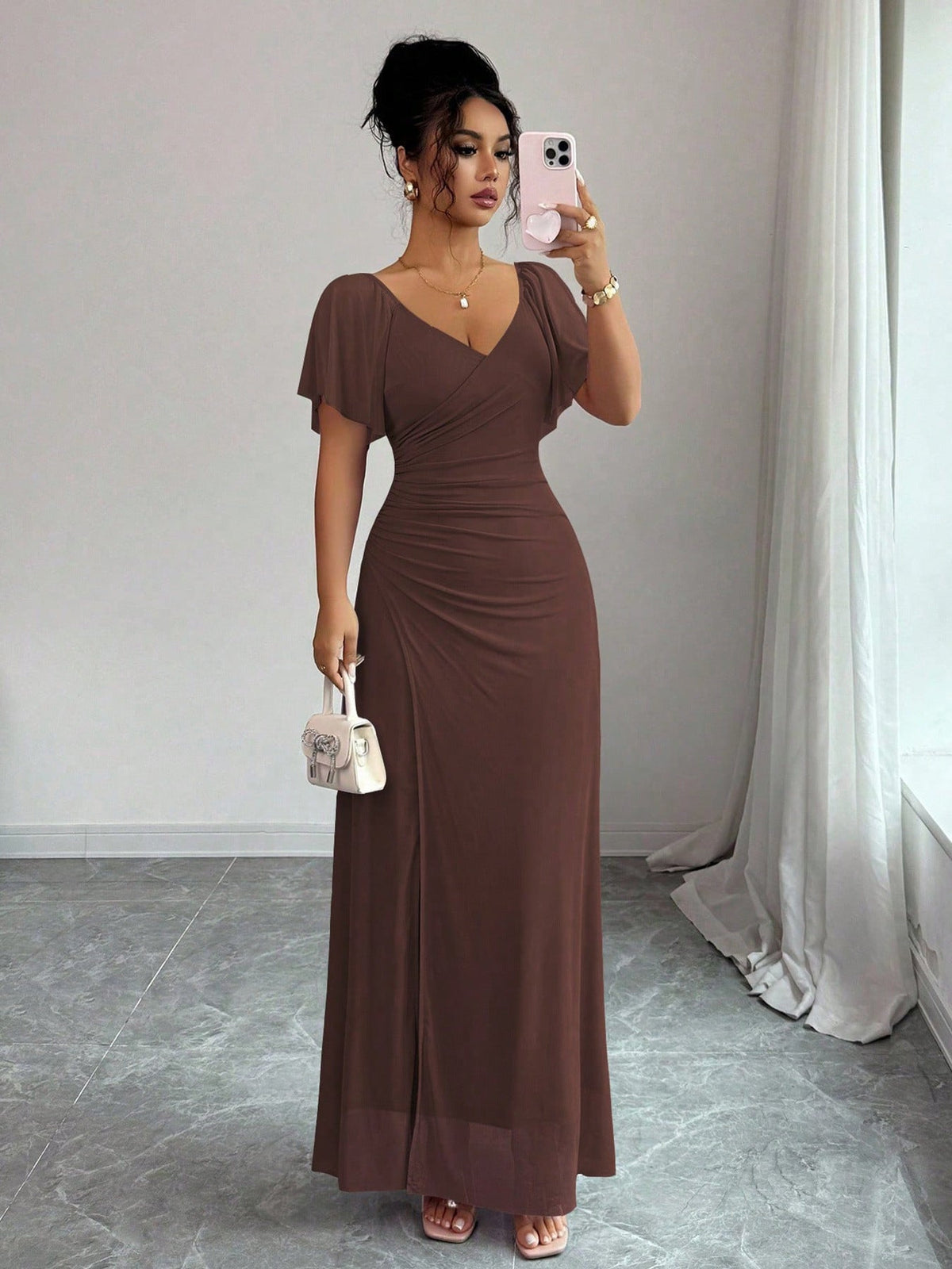 Women Elastic Net V Neck Patchwork Flying Sleeves Slit Evening Dress  DestGlow