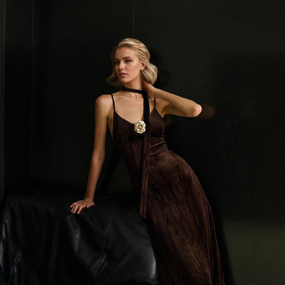 Cocktail Retro Brown Lace up with Corsage Decoration Velvet Pleated Sexy Cami Dress by Ragazza