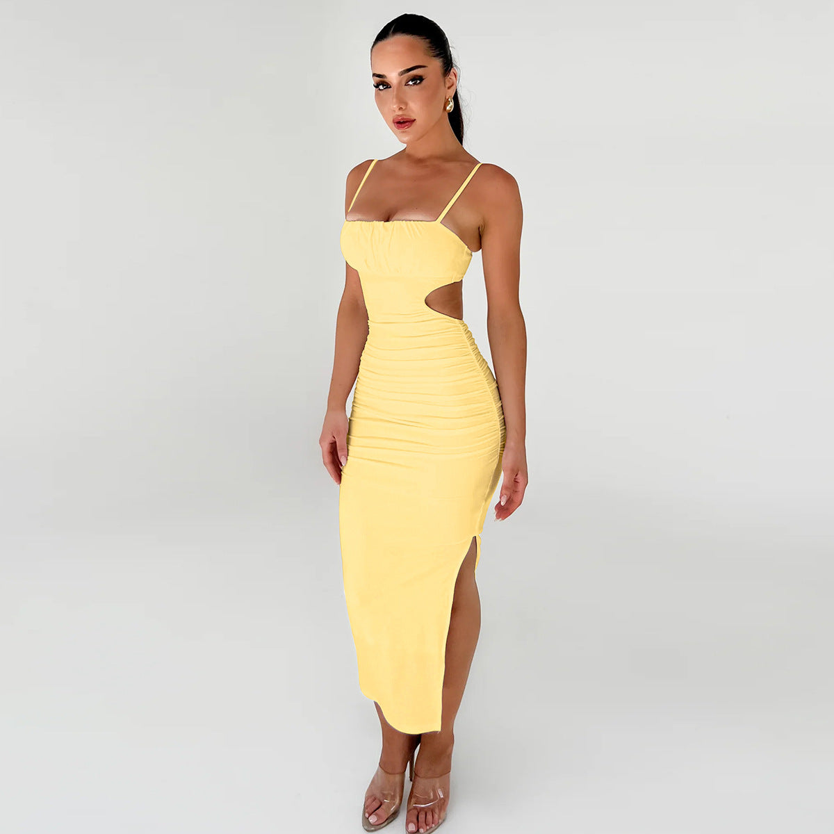 Women Cami Dress Sexy Backless Ruffle Hip Side Slit Maxi Dress by Ragazza