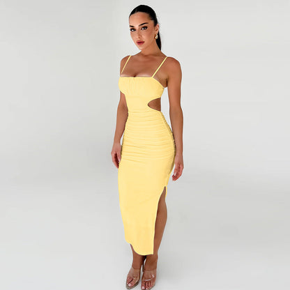 Women Cami Dress Sexy Backless Ruffle Hip Side Slit Maxi Dress by Ragazza