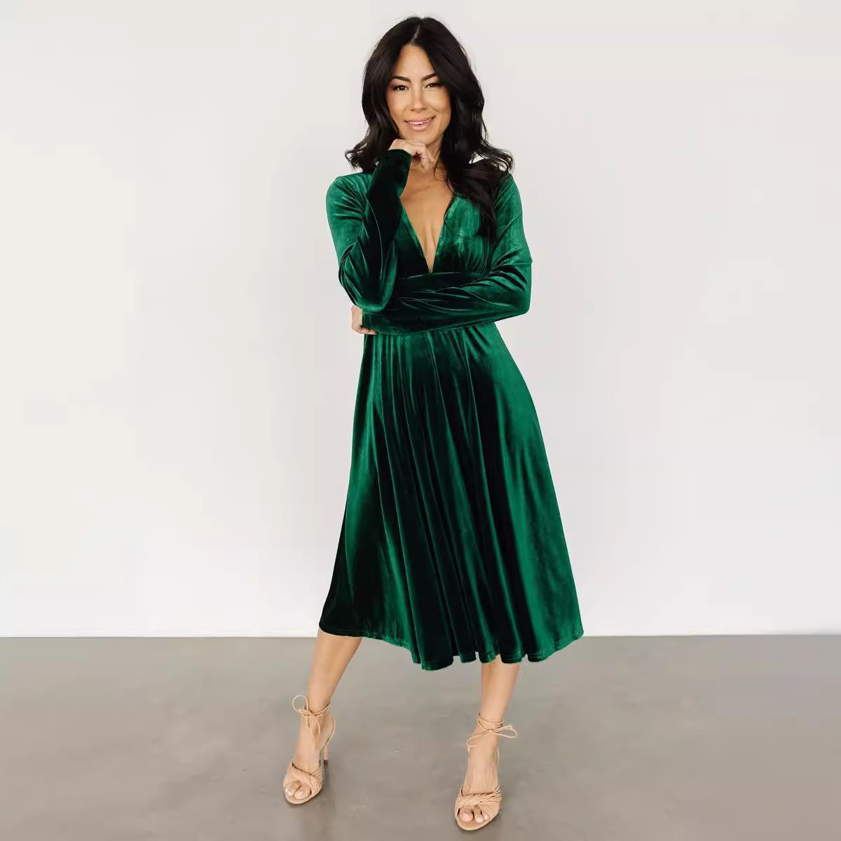 Dress Gold Velvet Sexy V neck Waist Controlled Long Sleeves Large Swing Dress by Ragazza