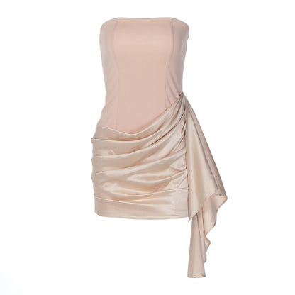Women Clothing Autumn Satin Stitching Graceful Tube Top Sheath Pleated Slim Dress for Women by Ragazza